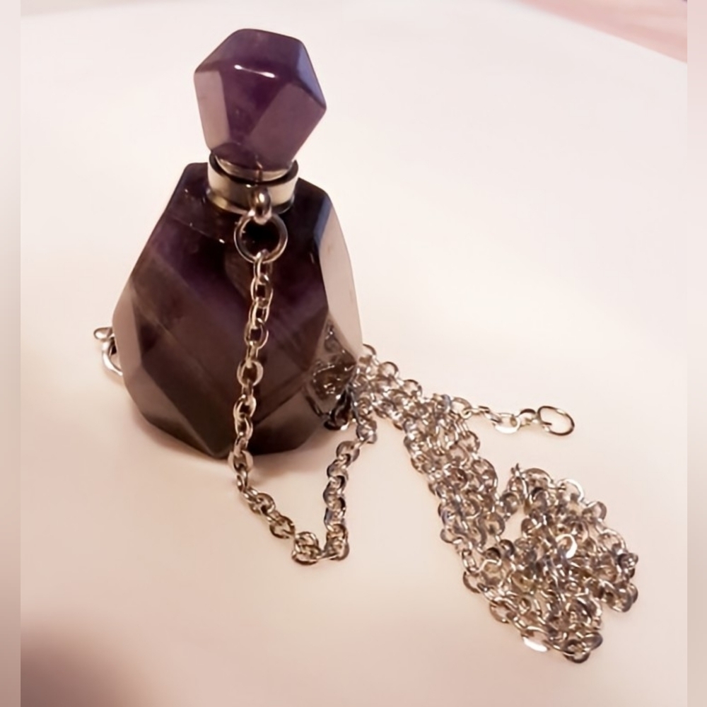 Amethyst Crystal Perfume/Essential Oil Bottle Pendant Necklace 18" Chain